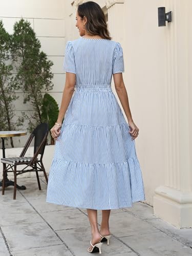 Caracilia Women's Summer Short Sleeve V-Neck Maxi Dress, Gingham & Striped Fabric, Casual A-Line Dress for Beach & Vacation Blue White Stripe X-Large — view 5