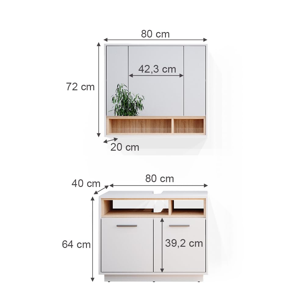 Vicco Set mobili bagno Beatrice, Bianco, 80 cm, composto da specchio da bagno e mobile sottolavabo