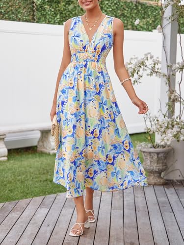 womens summer sleeveless v neck boho long dress floral print midi sundress