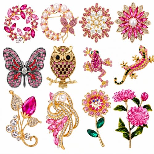Image of Junkin 12 Pcs Women Brooches Bulk Vintage Rhinestone Pin Set