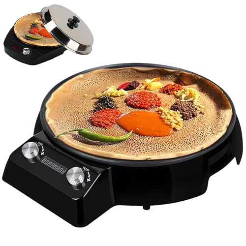 Image of Electric Griddle for Injera, 1700W Non-stick Crepe Maker with 304 Stainless Steel Lid, Digital Screen, Adjustable Temperature & Time for Skillet and Pancake Cooking