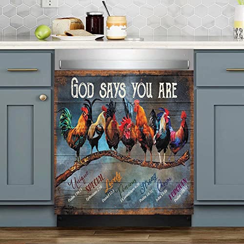 Rooster Hen Dishwasher Magnet - God Says You Are Unique Decals Refrigerator Magnetic,Farm Rooster Sticker Fridge Panel Decal,Cute Chicken Magnets For Home Kitchen Appliance Decor 23"X26" #TOP9