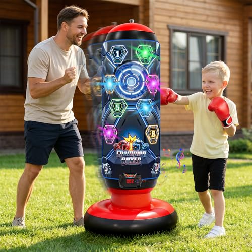 Image of Kids Punching Bag with Gloves & Pump, Inflatable Boxing Set Electronic Boxing Bag with Music & Lights, Freestanding Martial Arts Toy with 4 Smart Game Modes, Birthday Gift for Boys and Girls Ages 4-12