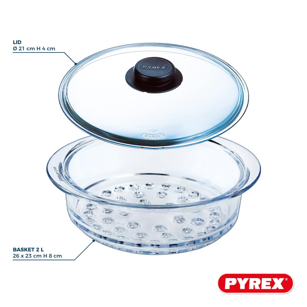 Pyrex - Paniers vapeur 20cm et son Couvercle avec bouton - Lot ou unité - Verre Borosilicate - Made in France (Double - 20 cm)