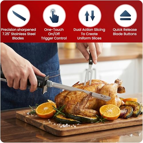 Image of Elite Gourmet Electric Knife Set for Carving Meats, Bread & More. Pressure-activated On /Off Switch, Safety Lock, 2 Serrated Stainless-Steel Blade Sets, Storage Case, Carving /Serving Fork, Black