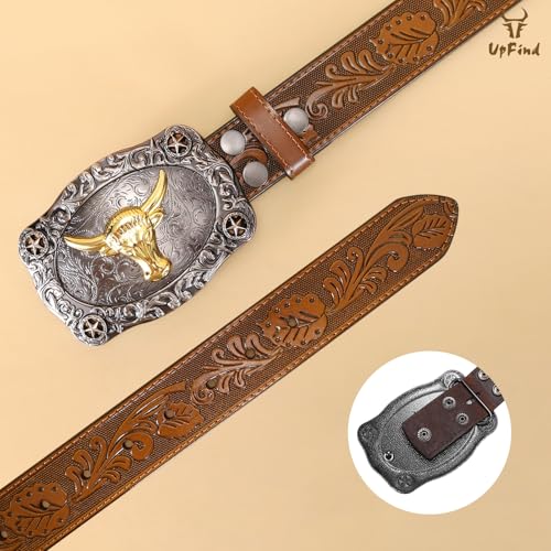 Women Men Western Belts Engraved Leather Cowgirl Cowboy Belt with Silver Longhorn Bull Buckle for Jeans Dresses3
