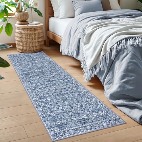 2x6 Blue Washable Runner Rug for Hallways, Soft Classic Kitchen Rugs with Non-Slip, Non-Shedding Distressed Floral Rug for Hallways Entryway Bedroom Bathroom Laundry