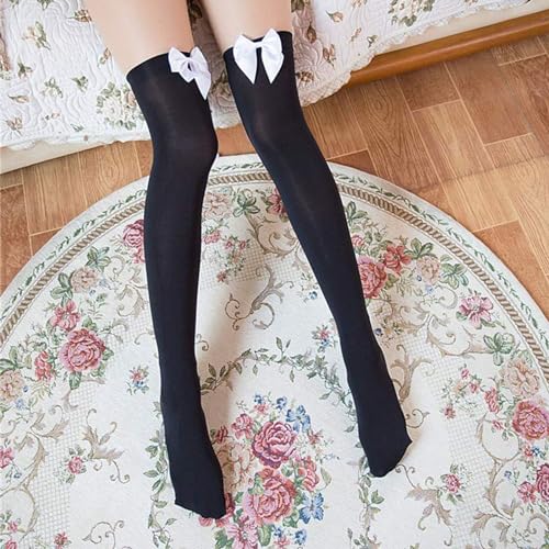 Hpbaggy 2 Paar Kniestrümpfe Damen Weiß Schwarz Overknees Strümpfe Damen Weiß Schwarz Kniestrümpfe mit Schleife für Halloween Weihnachten Karneval Kostüm Accessoire Valentinstag Mottoparty
