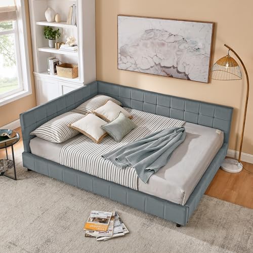XUOXFUTZIG Luxury Velvet Upholstered Bed Frame with Backrest, Queen Size Tufted Sofa Bed Featuring Plush Armrests and Storage, Create a Cozy Seating Area and Sleeping Space in Your Bedroom