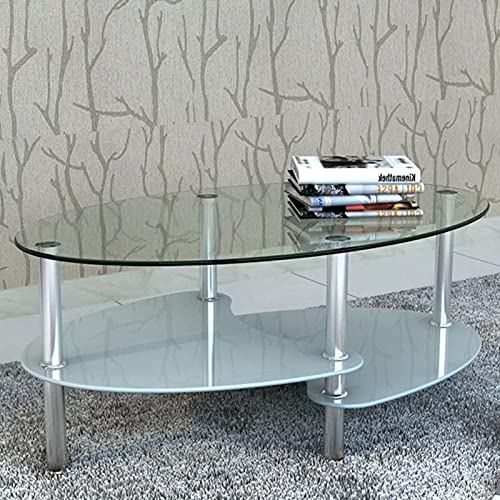 Kstyhome Table Basse Ovale en Verre trempé 3 étages avec Pieds en Acier Inoxydable Blanc 90 x 45 x 43 cm