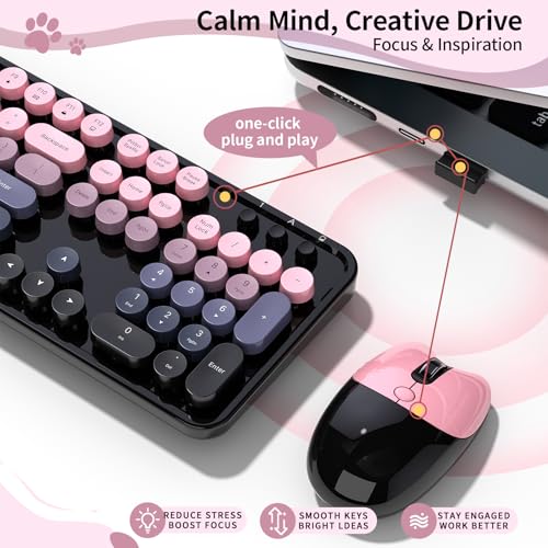 Image of Wireless Keyboard and Mouse, MOFII 104 Round Keycaps Retro Typewriter with OTG & Brush, Full-Size Ergonomic, Ideal for Windows PC, Home, Office and College Peach Pink