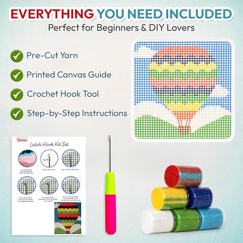 Image of Darice Latch Hook Rug Kit, Hot Air Balloon Design DIY Latch Hook Kit for Kids & Adults, Color Canvas, PreCut Yarn & Hook Tool, Craft Activity & Gift for Kids