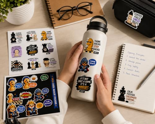 Image of SRCA Chess Coffee Connect Vinyl Sticker Pack, Chess Theme, 8 Unique Designs, Waterproof and Durable