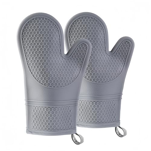 Silicone Extra Long Oven Mitts, Heat and Slip Resistant Gloves, Soft Cotton Lining, Thick Pot Holder Gloves, Flexible Extra Long Gloves for Cooking and BBQ, Pack of 2.