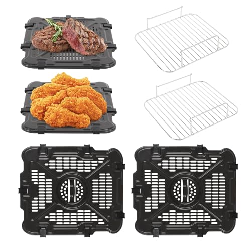 2 Stück Air Fryer Grill Pfanne für Ninja SL401 Dual Stack XL 2,Ersatz Airfryer Crisper Plate Grill Tray Zubehör,Air Fryer Replacement Parts Grillplatte Tray mit Gummipuffer und Halterung