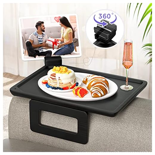 Bamboo Sofa Arm Tray Table Clip for Couches Arm, Multi-Function Side Couch Arm Tray with 360° Rotating Phone Holder, Suitable for Home Drinks/Remote/Snacks/Fast Food Et (Black)