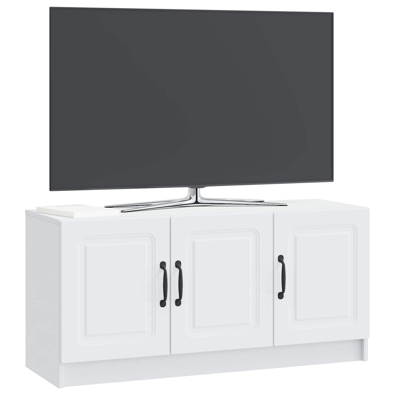 Mobile TV Bianco 99x34,5x47cm in Legno Ingegnerizzato | Consolle bassa con 3 ante e maniglie per organizzare decoder e accessori nel soggiorno o in camera da letto.