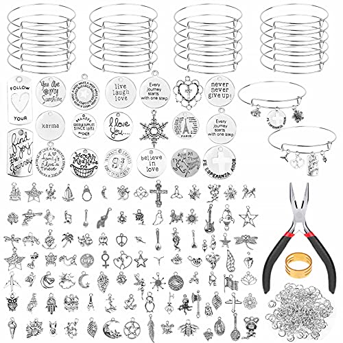 342Pcs Bangle Bracelets Making Kit, Dyroubo Expandable Bangle Bracelets with Adjustable Wire Blank Bracelets, Jewelry Charms, Jewelry Pliers, Bulk Bangle Charms for DIY Craft Girls Jewelry Making