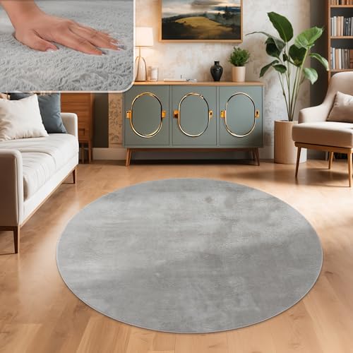 Paco Home Teppich Wohnzimmer Kunstfell weich waschbar modern elegant pflegeleicht Felloptik Uni Seidenglanz flauschig Hochflor, Grösse:160 cm Rund, Farbe:Grau