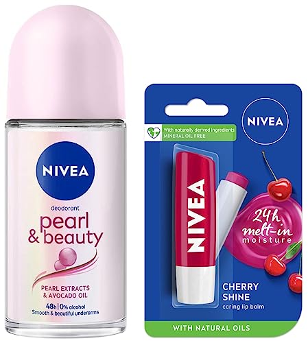 Image of NIVEA Lip Balm, Fruity Cherry Shine, 4.8g & NIVEA Deodorant Roll On, Pearl & Beauty For Women 50ml