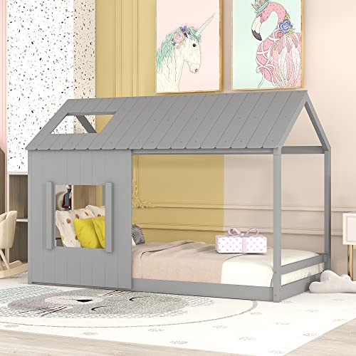Tiiiopkvvv Cama de casa de tamaño individual con techo y ventana, estilo moderno, madera de pino maciza y tablero DM, fácil montaje, gris + color natural (gris individual)
