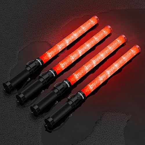 Image of E-riding 4 Pack 21 Inch Traffic Wand, Air Traffic Control Wand with 3 Flashing Modes, LED Multifunction Traffic Safety Baton for Airport, Parking, Car Directing