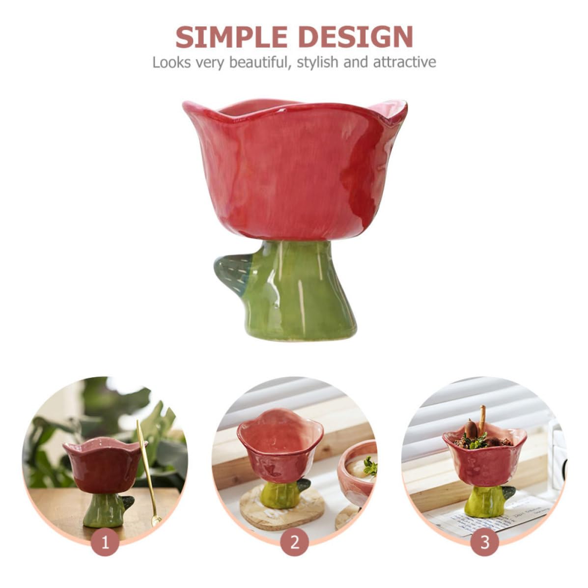 VILLCASE Taza de Helado de Cerámica, Recipiente Decorativo para Postres, Tulipán, Rojo, Diseño Simple, para Ensalada y Helado