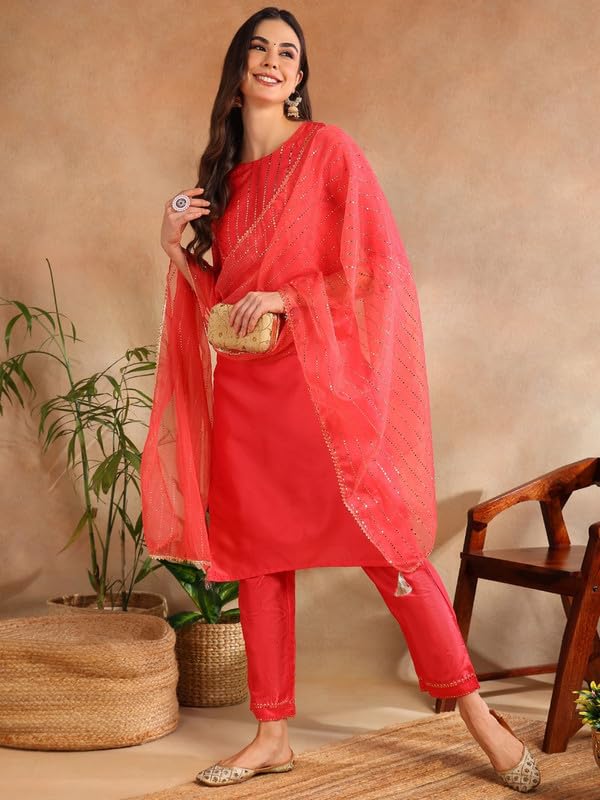 Image of Vaamsi Women's Poly Silk Embellished Solid Straight Kurta Pant with Dupatta