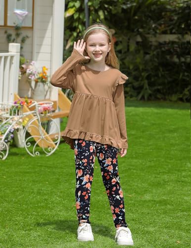Image of Yekaty Girls Clothes Ruffle Shoulder High Low Hem Long Sleeve Top and Floral Pants 2 Piece Fall Outfits Clothing Set