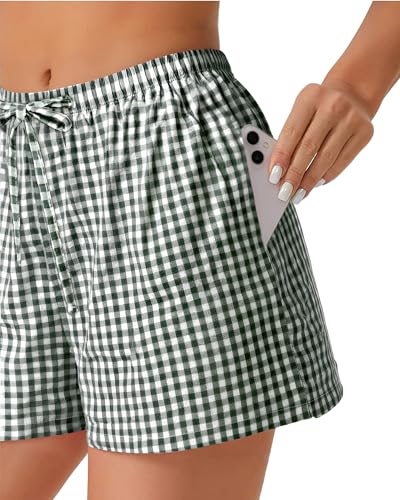 Image of Women Boxer Shorts Gingham Drawstring Pajama Bottom Plaid Pants with Pocket