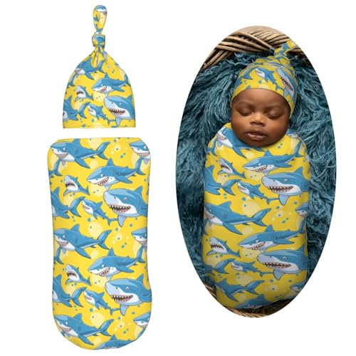 Image of Sharks On Yellow Background Newborn Swaddle Blankets Hat Sets Soft Baby Receiving Blanket Swaddle Sack for Baby Shower Infant Boy Girl Gift