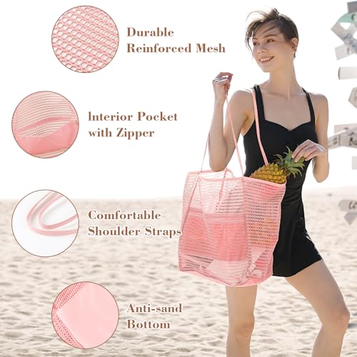Image of Tavaleu Mesh Beach Bag, Beach Bags for Women, Woven Straw Beach Tote Bag Waterproof with Inner Pocket, Packable Beach Bag