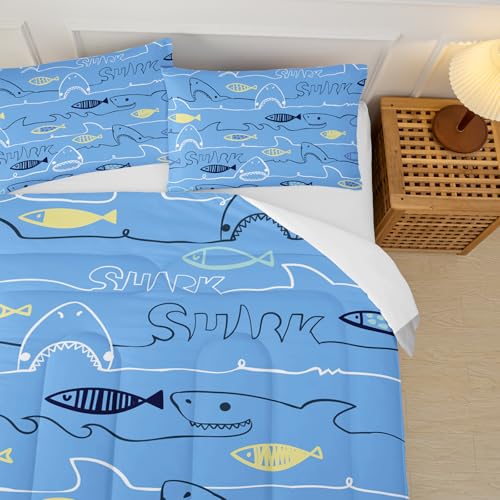 Image of Cartoon King Kids Shark Comforter Set,Blue Shark Boys King Quilt Bedding Set,King Quilt Fish Theme,Ocean Themed Bedroom Decor Kids