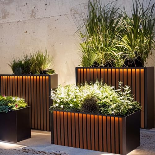 GSK WPC Wood Like LED Metal Planter Boxes Outdoor LED Adjustable Ambient Light Strips 2 Garden Patio Durable Planter Drainage Holee Easy DIY Assembly Pot for Indoor Flowers Herbs and Succulents