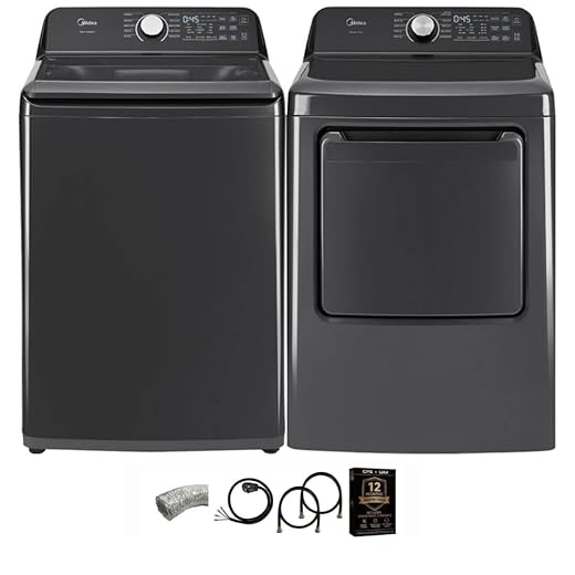 Midea Black Smart Laundry Pair 4.4 Cu Ft Top Load Washer and 7 Cu Ft Electric Dryer Bundle 10 Cycles 4 Temp Settings Dryer Vent Power Cable 12 Month CPS Plan White 27 Inch Wide Set