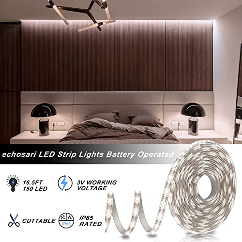 Image of echosari Strip Lights Battery Operated, 16.5Ft 150 LED 2835 SMD Closet Strip Lights with Remote for Bedroom, Kitchen, Cabinet Decor (Cool White) | LED Strip Lights Battery Powered with Remote, Self-Adhesive, Cuttable for TV Kitchen Cupboard Bedroom Decor