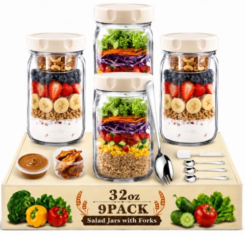 9Pack Salad Meal Prep Containers 32oz Large Glass Salad Jars with Lids Meal Prep with 4 Forks Leakproof Salad Container for Lunch with Separate Wet/Dry Dressing Cups for Home Office and Outdoor