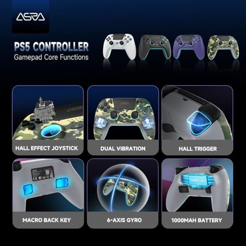 Image of ASRVA Camo Wireless Pro Controller for PS5, Hall Effect Joystick No Drift, 4 Back Paddles, Macro, Gyro, 1000mAh, RGB, Compatible with PS5 /Pro /Slim /PC /iOS /Android