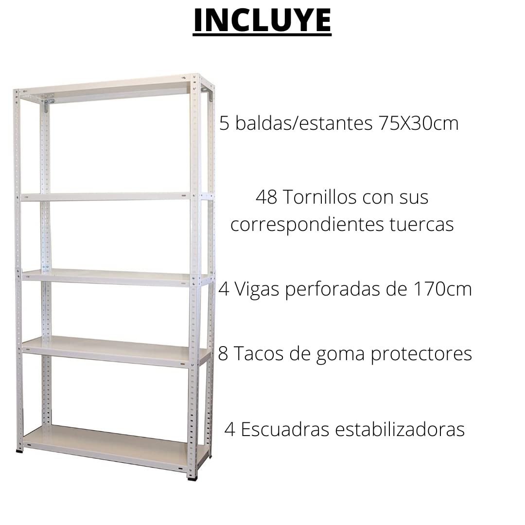 Homelux 999557 Kit Estantería Metálico 5 Baldas, Blanco, 170 x 75 x 30 cm