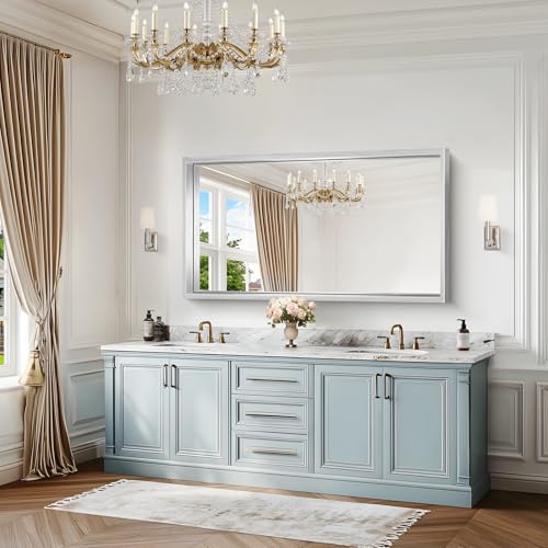 Image of 30x55 Silver Bathroom Mirror, Brushed Silver Rectangular Mirror for Wall, 0.6 inch Thickened Deep Frame Mirrors for Bathroom Sink, Shatterproof Tempered Glass, Antirust, Horizontally or Vertically