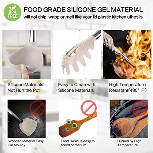 Silicone Cooking Utensil Set, Taiker Kitchen Cooking Utensils Set, Non-stick & Heat Resistant Silicone Cookware, BPA Free Non-Toxic Cooking Utensils, Kitchen Tools (Khaki)