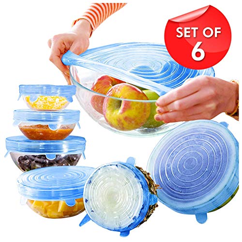 Image of Silicone Caps Stretch Lids Vacuum Seal Cover Keeping Food Fresh and Freezer Safe (Multicolor, L 201-37) -6 Pcs Set.