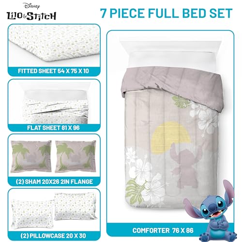 Image of Disney Lilo and Stitch Full Size Comforter Set 7 Piece Bedding, Beige | Bed in a Bag, Comforter Sheets Shams Pillowcases, Official Product, Soft Microfiber, Machine Washable, Girls Gift
