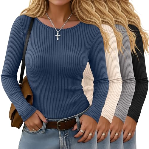4 Pack Women's Long Sleeve Shirts, Crew Neck Ribbed Stretch Tees Slim Fit Fall Knit Tops Casual Basic Undershirts