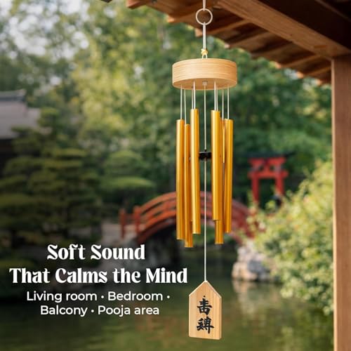 Image of GJ Premium Wooden Wind Chimes for Home & Office | 7 Pipe Metal Rod Wind Chimes with Wooden Top 16-24 CM Tubes | Soothing Sound, Positive Energy for Balcony, Entrance & Garden (Gold1)