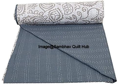 Grey Feb India Cotton Handblock Kantha Blanket Indian Handmade Quilts Cotton Hand Block Quilts Ethnic Reversible Comforter Stitched Blanket Decor (60X90 inch)