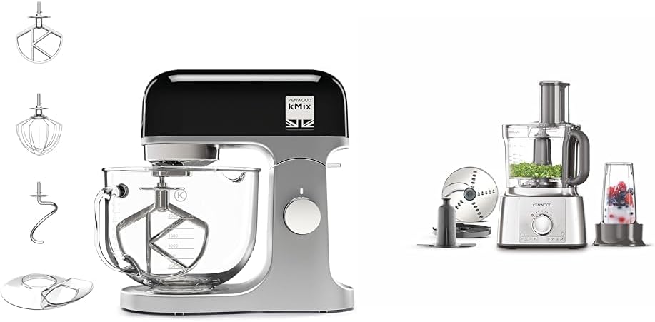 kMix Stand Mixer for Baking, Stylish Kitchen Mixer with K-beater, Dough Hook and Whisk, 5L Glass Bowl, 1000 W, Black & FDP65.180SI 2 in 1 Food Processor Multipro Express, Silver