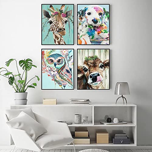 4 Pack Animal Paint By Numbers, Paint By Number For Adults Kids Beginner, Painting By Number On Canvas Diy Adult Paint By Number Giraffe Owl Cow Dog Oil Painting For Home Decor 12X16 Inch #TOP1