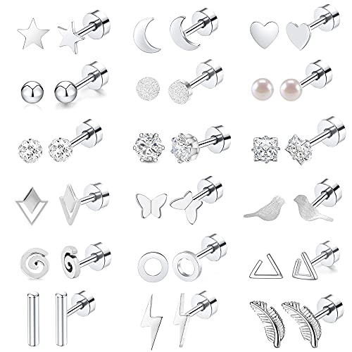 MJust 18 Pairs Women‘s Hypoallergenic Flat Back Stud Earrings, 20g Stainless Steel Earrings Sets for Men, Tiny Unisex Screw Back Cartilage Earrings.