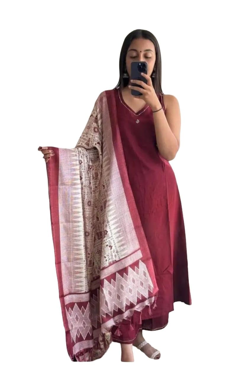Women Solid Kurta Set with Printed Dupatta. (IN, Alpha, L, Regular, Marron)
